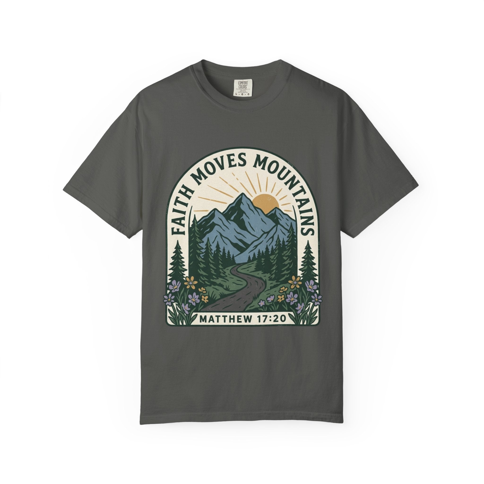 Faith Moves Mountains T-Shirt — Matthew 17:20 Mountain Landscape Christian Tee