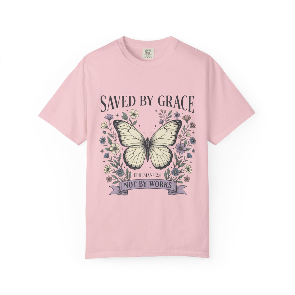 Saved by Grace Butterfly T-Shirt — Christian Faith Floral Tee (Ephesians 2:8 "Not by Works")