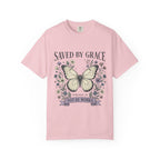Saved by Grace Butterfly T-Shirt — Christian Faith Floral Tee (Ephesians 2:8 "Not by Works")