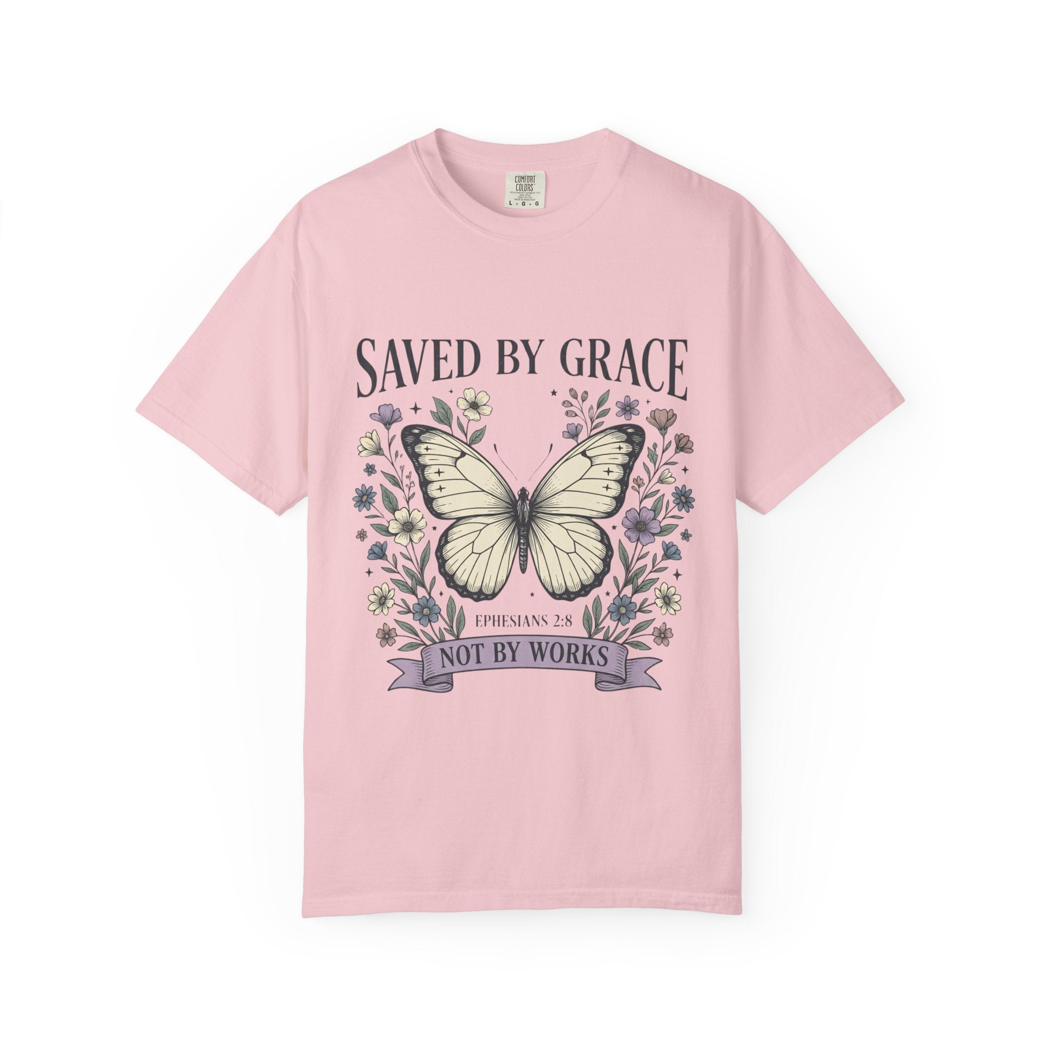 Saved by Grace Butterfly T-Shirt — Christian Faith Floral Tee (Ephesians 2:8 "Not by Works")