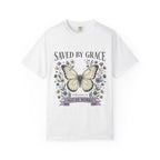 Saved by Grace Butterfly T-Shirt — Christian Faith Floral Tee (Ephesians 2:8 "Not by Works")