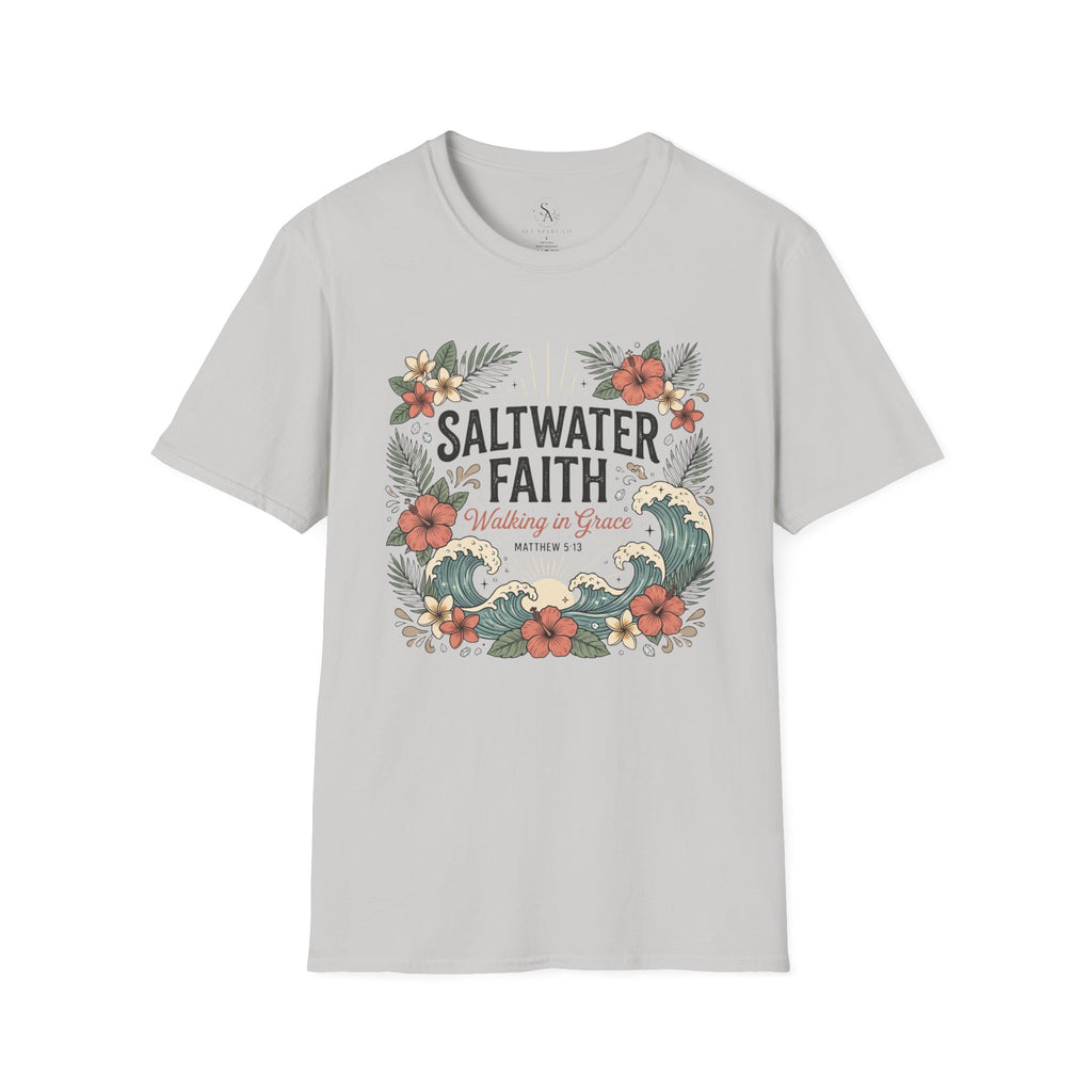 Saltwater Faith T-Shirt — Floral Coastal Christian Tee (Walking in Grace)