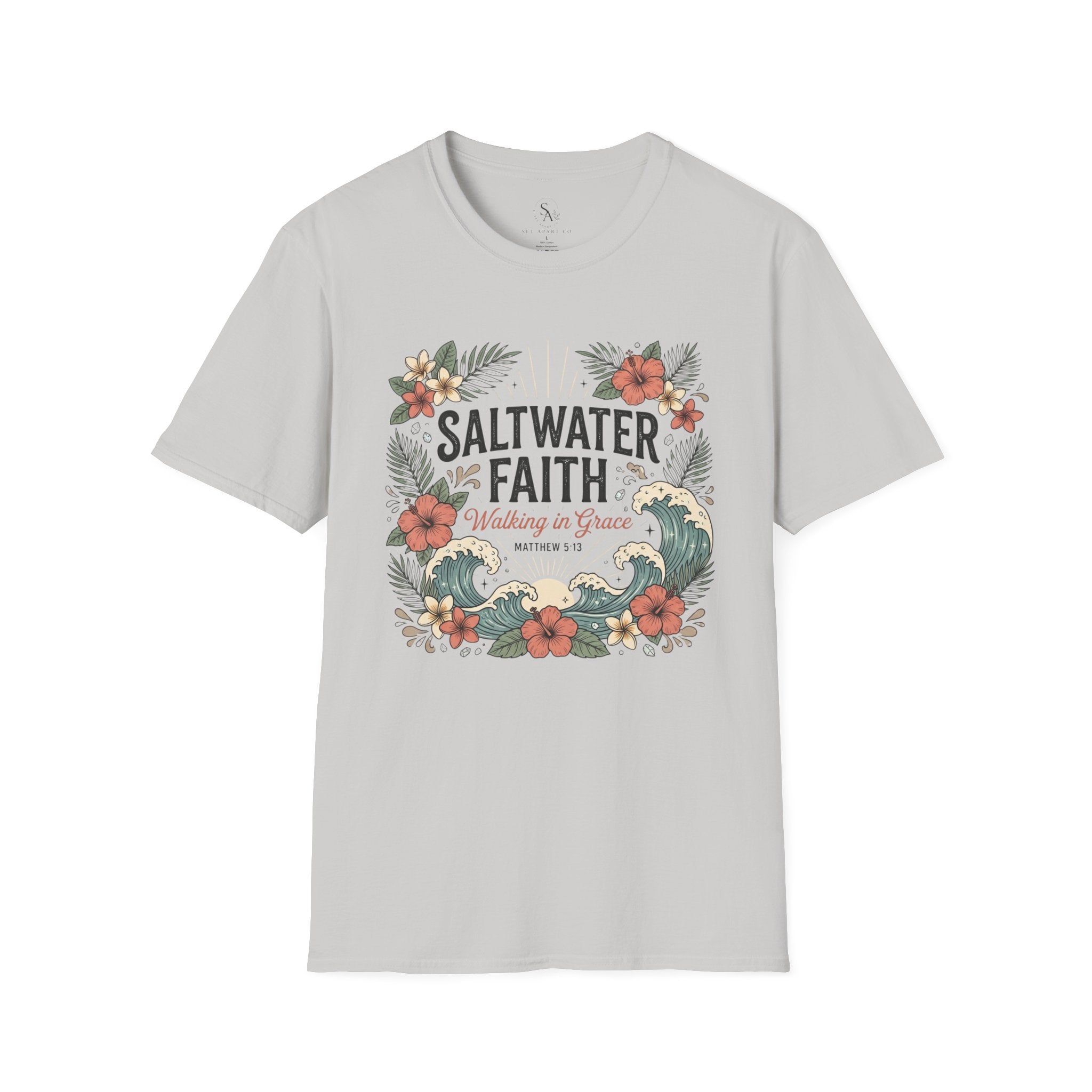 Saltwater Faith T-Shirt — Floral Coastal Christian Tee (Walking in Grace)