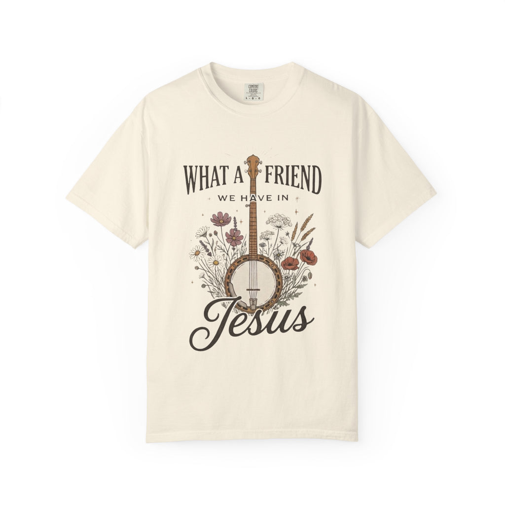 Christian Banjo T-Shirt — “What a Friend We Have in Jesus” Floral Gospel Tee