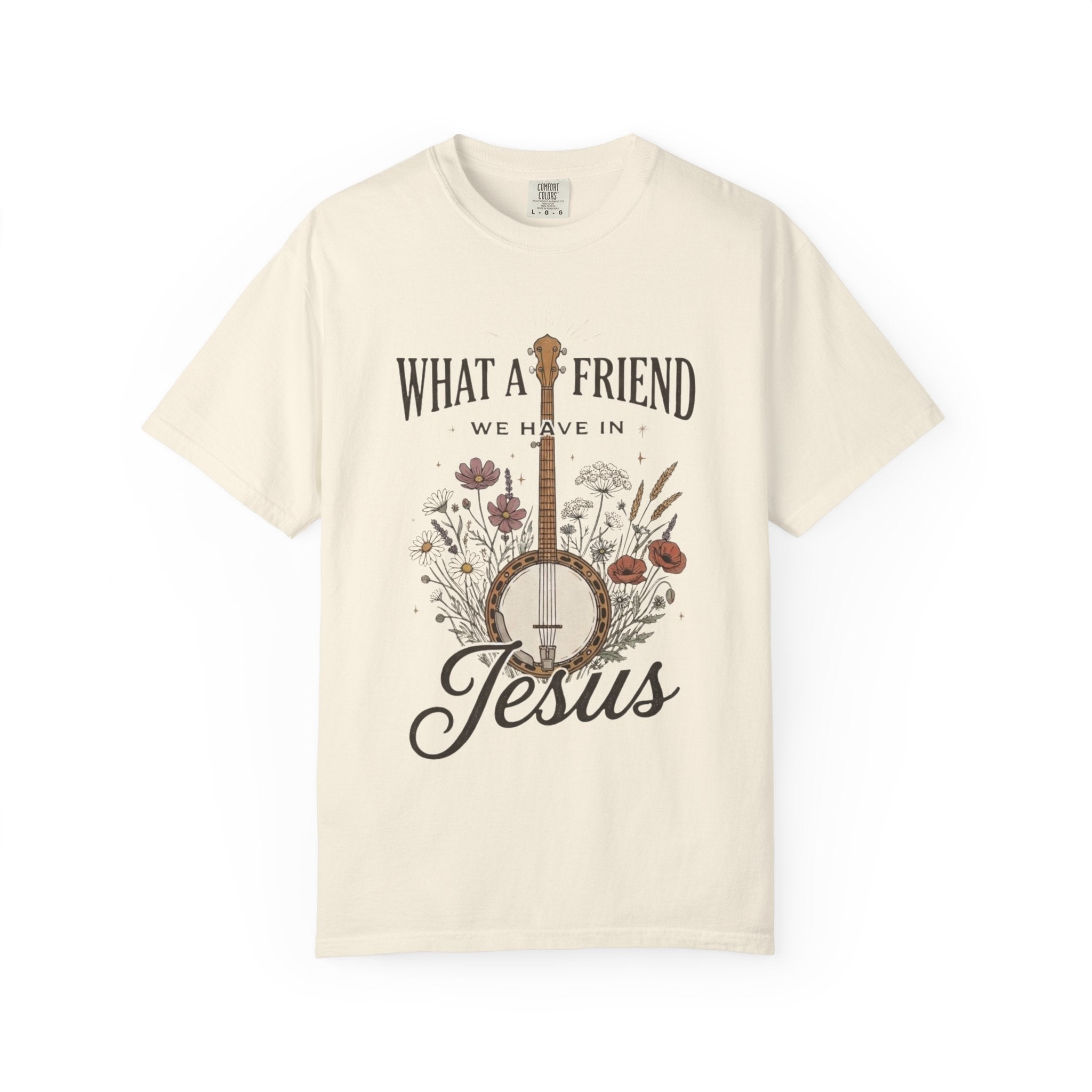 Christian Banjo T-Shirt — “What a Friend We Have in Jesus” Floral Gospel Tee