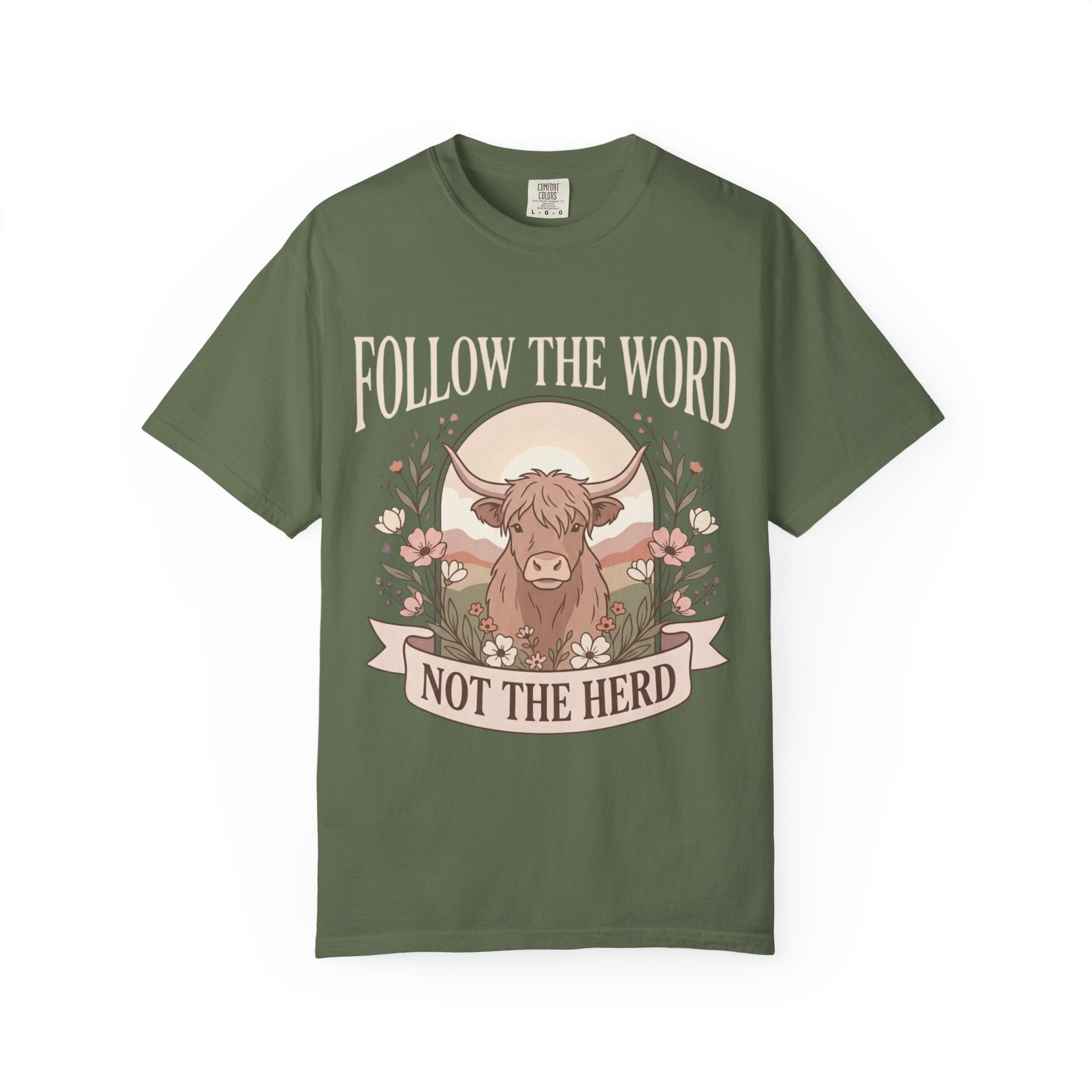 T-Shirt — "Follow the Word, Not the Herd" Highland Cow Graphic Tee