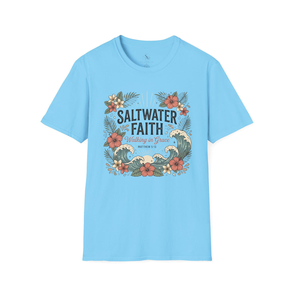 Saltwater Faith T-Shirt — Floral Coastal Christian Tee (Walking in Grace)