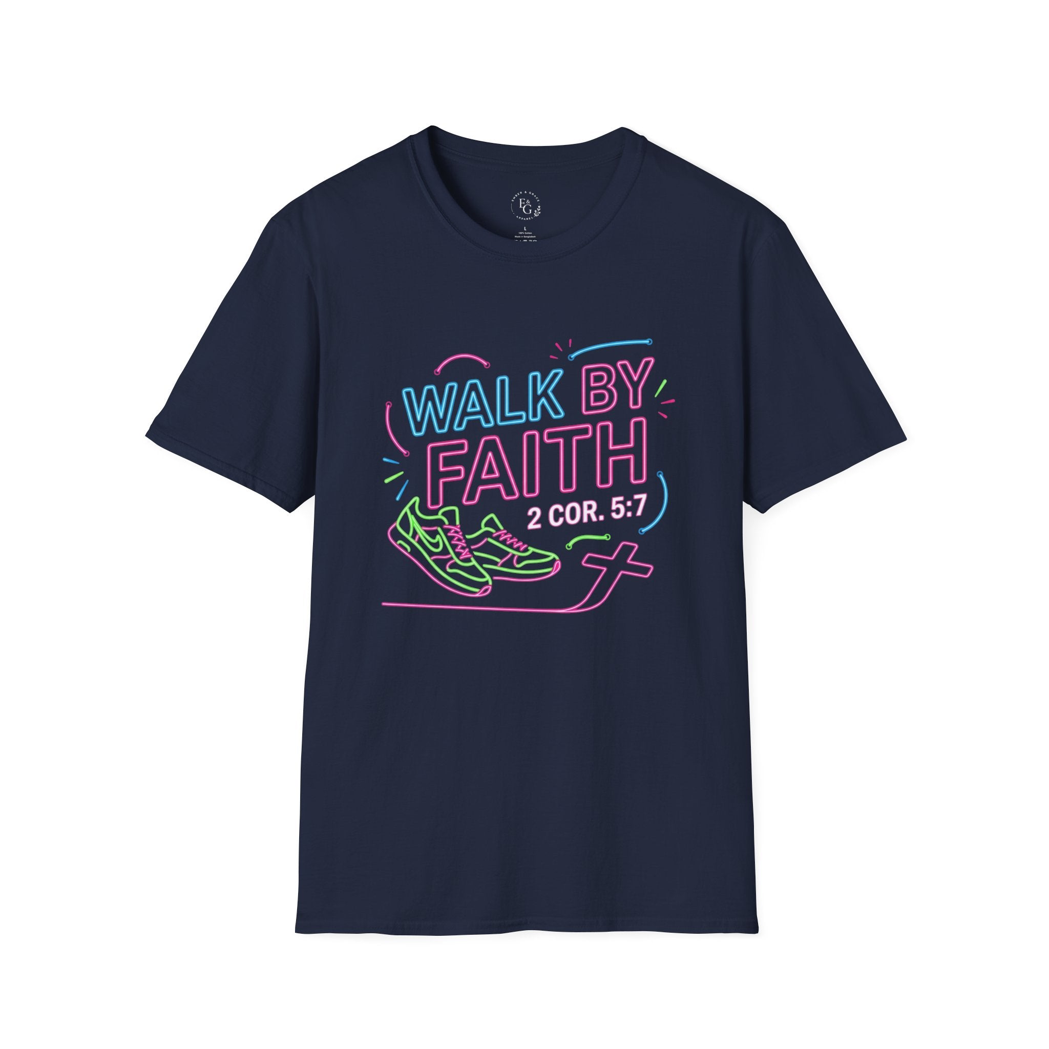 Walk By Faith T-Shirt — Neon Scripture 2 Cor. 5:7 Christian Tee