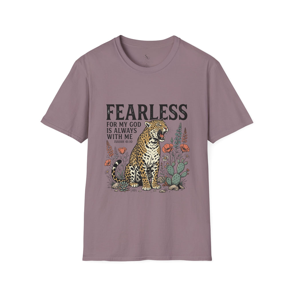 Fearless Leopard Christian T-Shirt — "Fearless for My God is Always With Me" (Isaiah 41:10)