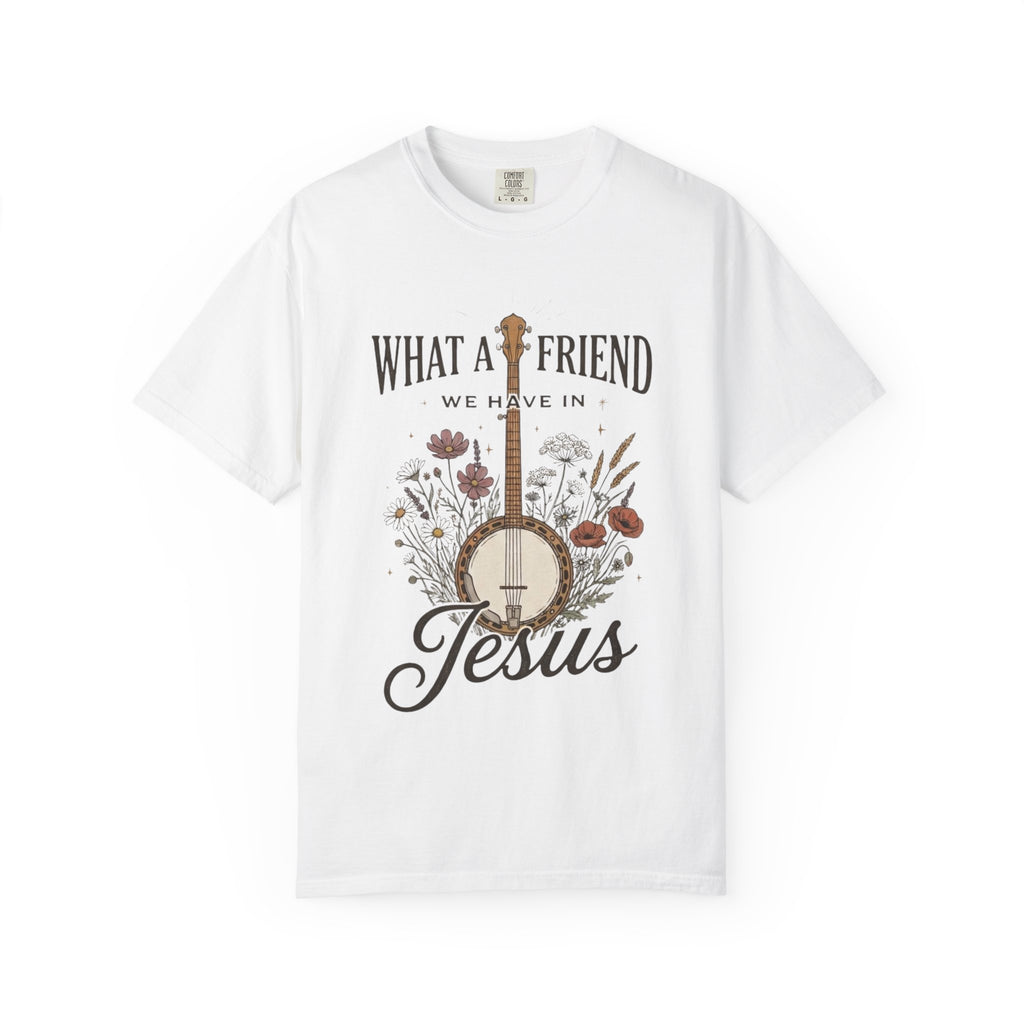Christian Banjo T-Shirt — “What a Friend We Have in Jesus” Floral Gospel Tee