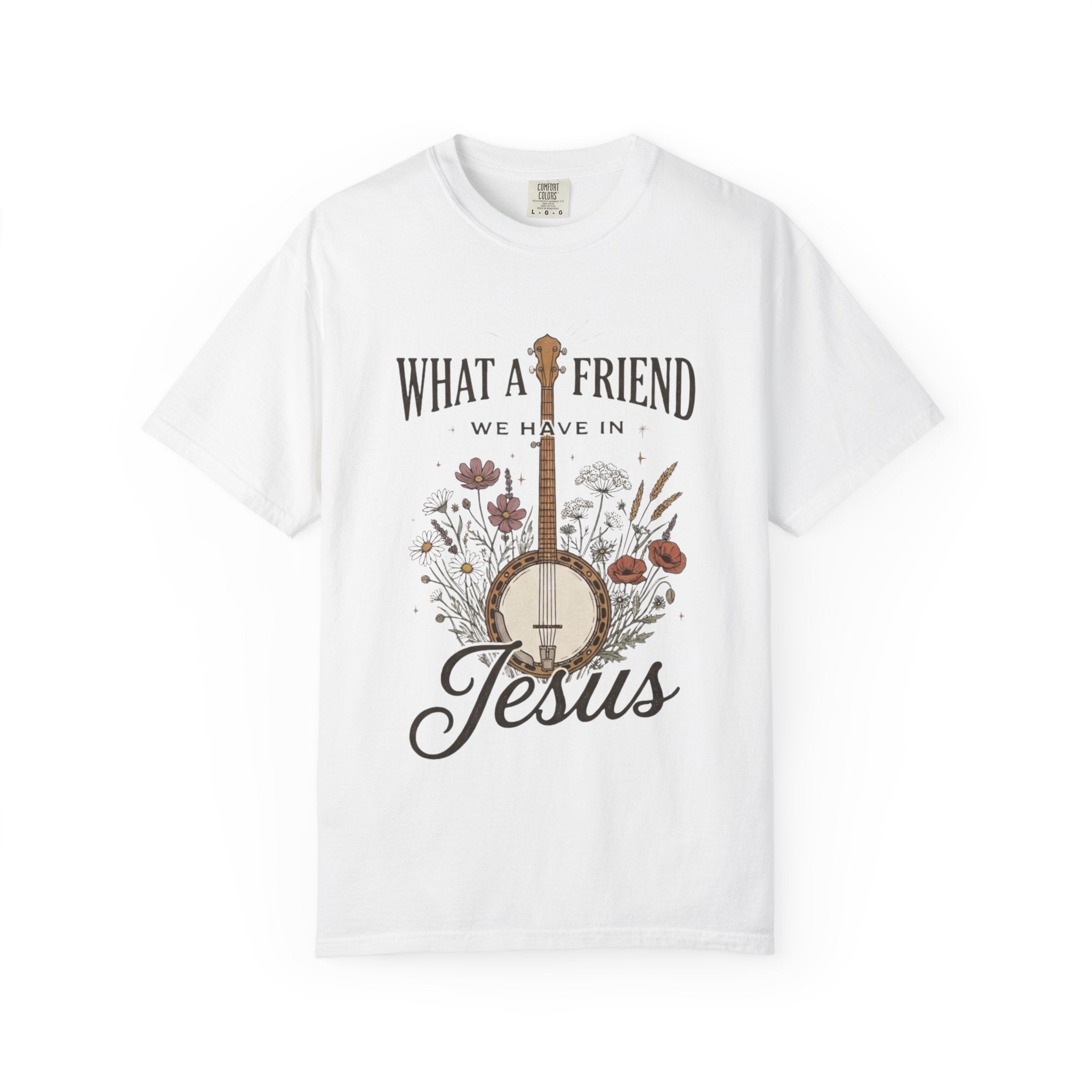 Christian Banjo T-Shirt — “What a Friend We Have in Jesus” Floral Gospel Tee