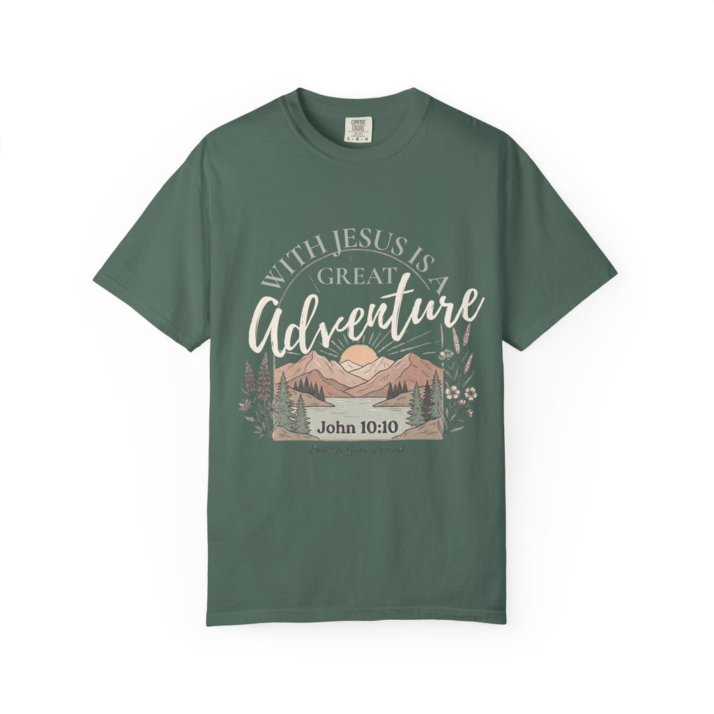 Adventure Faith T-Shirt — "With Jesus is a Great Adventure" John 10:10 Christian Tee