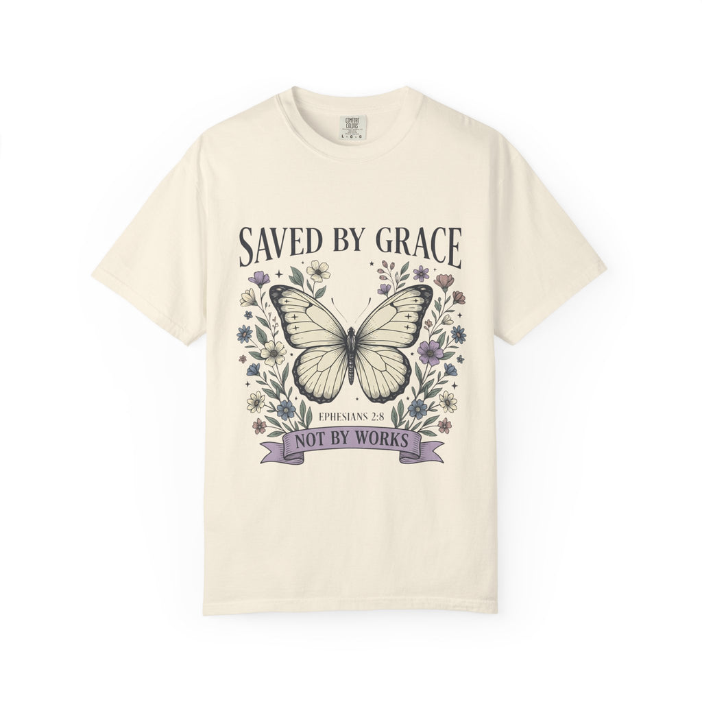 Saved by Grace Butterfly T-Shirt — Christian Faith Floral Tee (Ephesians 2:8 "Not by Works")