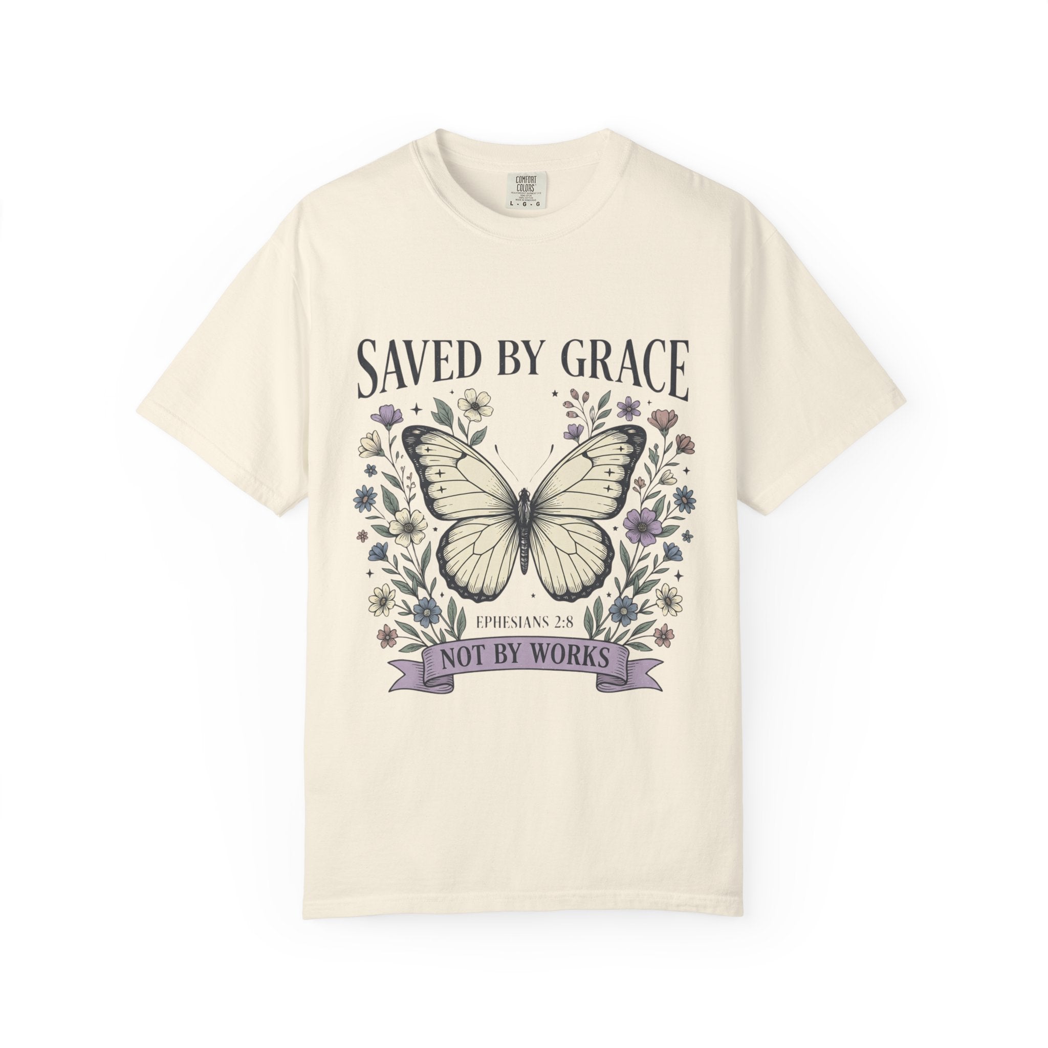 Saved by Grace Butterfly T-Shirt — Christian Faith Floral Tee (Ephesians 2:8 "Not by Works")