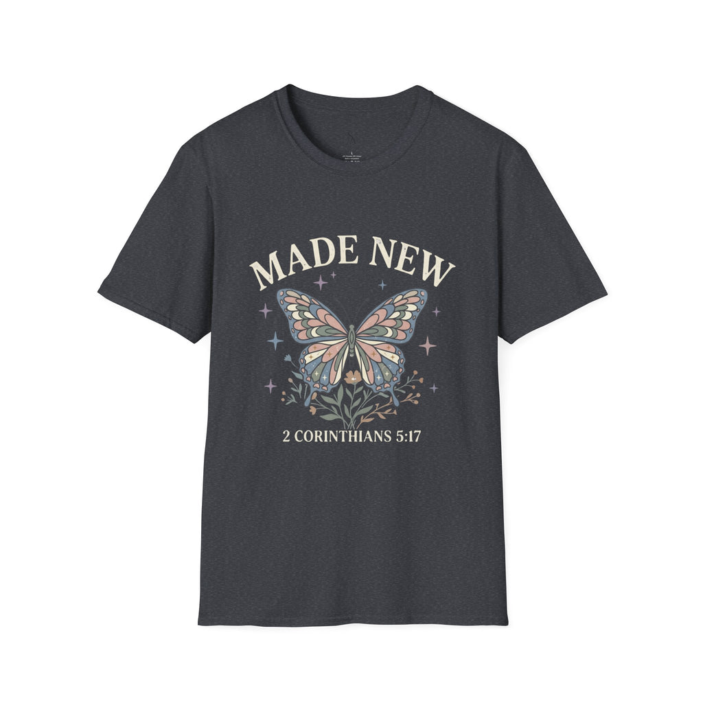 Made New Butterfly T-Shirt — 2 Corinthians 5:17 Christian Faith Tee