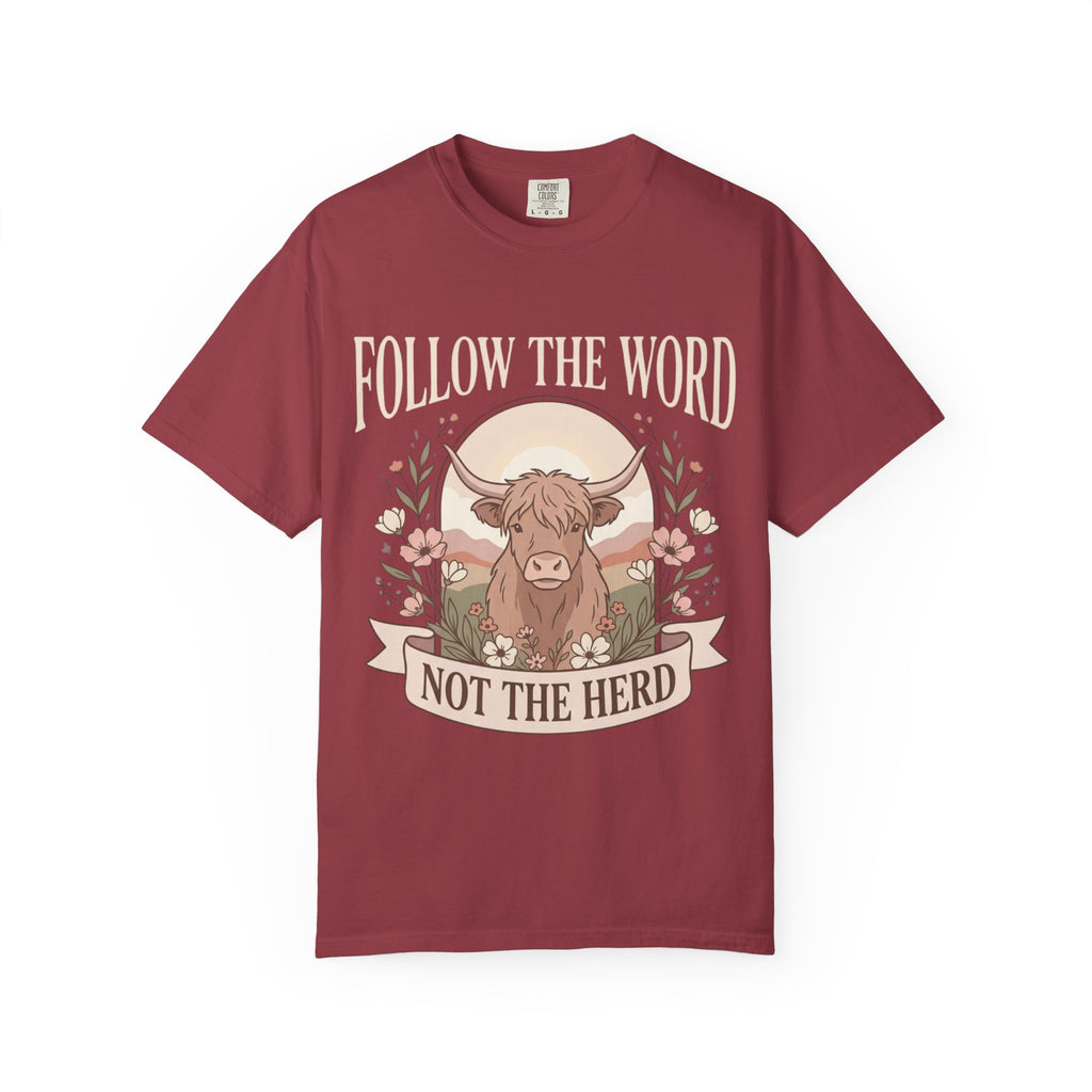 T-Shirt — "Follow the Word, Not the Herd" Highland Cow Graphic Tee