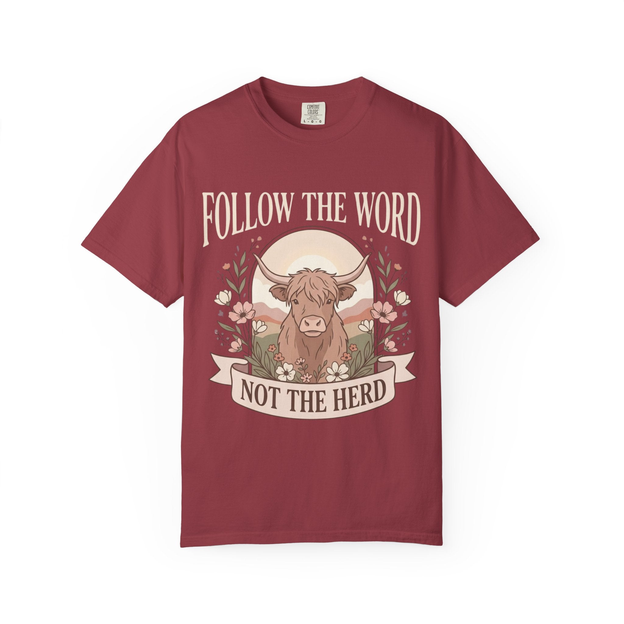 T-Shirt — "Follow the Word, Not the Herd" Highland Cow Graphic Tee