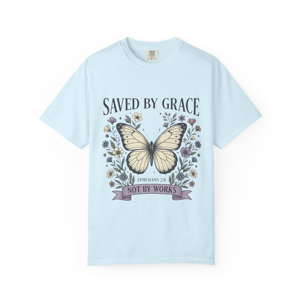 Saved by Grace Butterfly T-Shirt — Christian Faith Floral Tee (Ephesians 2:8 "Not by Works")