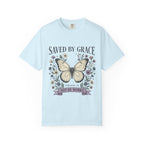 Saved by Grace Butterfly T-Shirt — Christian Faith Floral Tee (Ephesians 2:8 "Not by Works")