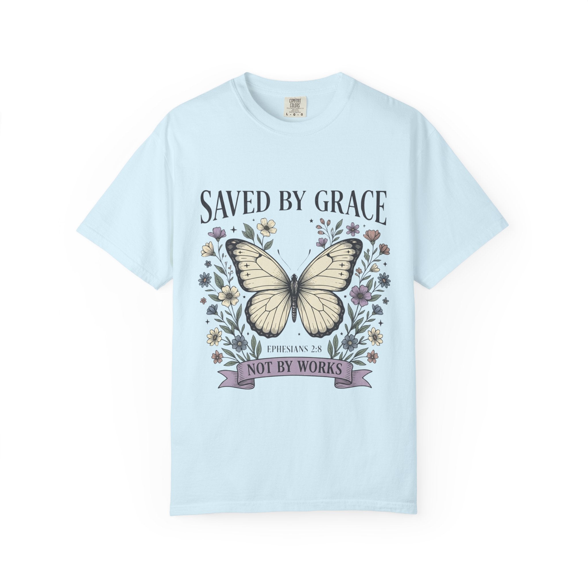 Saved by Grace Butterfly T-Shirt — Christian Faith Floral Tee (Ephesians 2:8 "Not by Works")