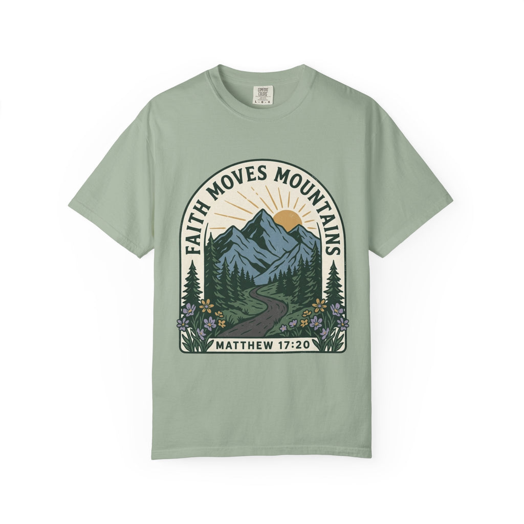 Faith Moves Mountains T-Shirt — Matthew 17:20 Mountain Landscape Christian Tee
