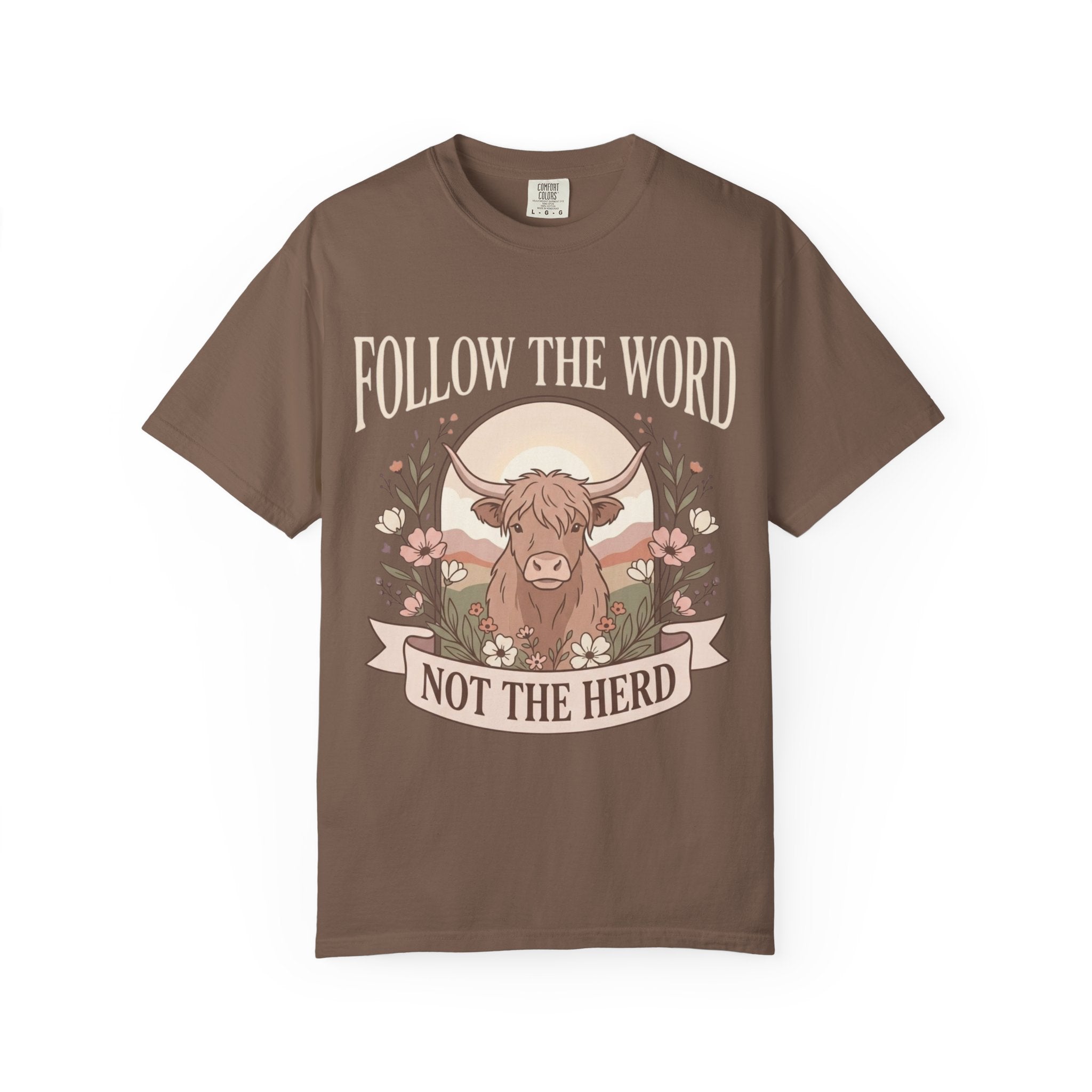 T-Shirt — "Follow the Word, Not the Herd" Highland Cow Graphic Tee