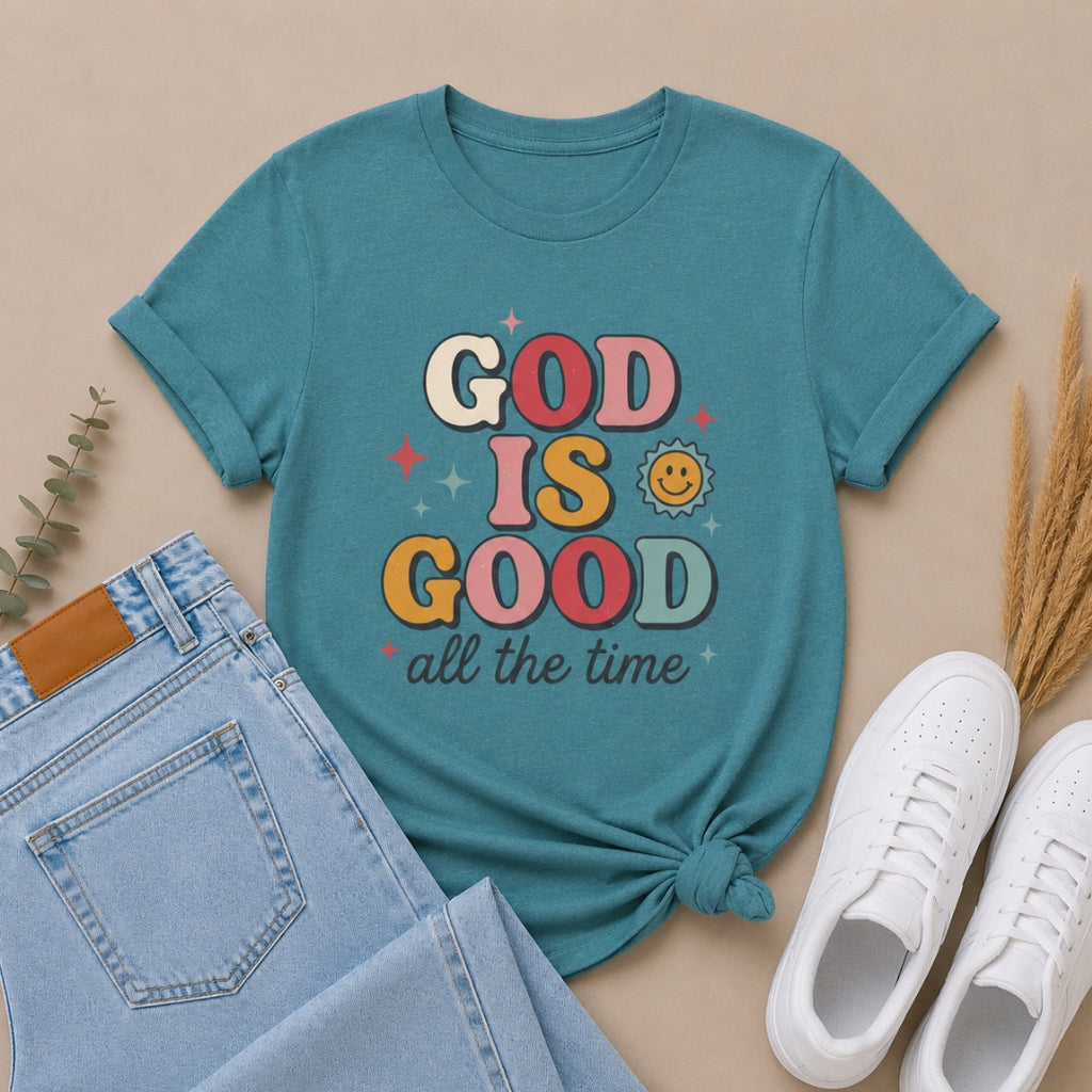 God Is Good T-Shirt — Retro Smile Faith Graphic Tee ("God Is Good All The Time")