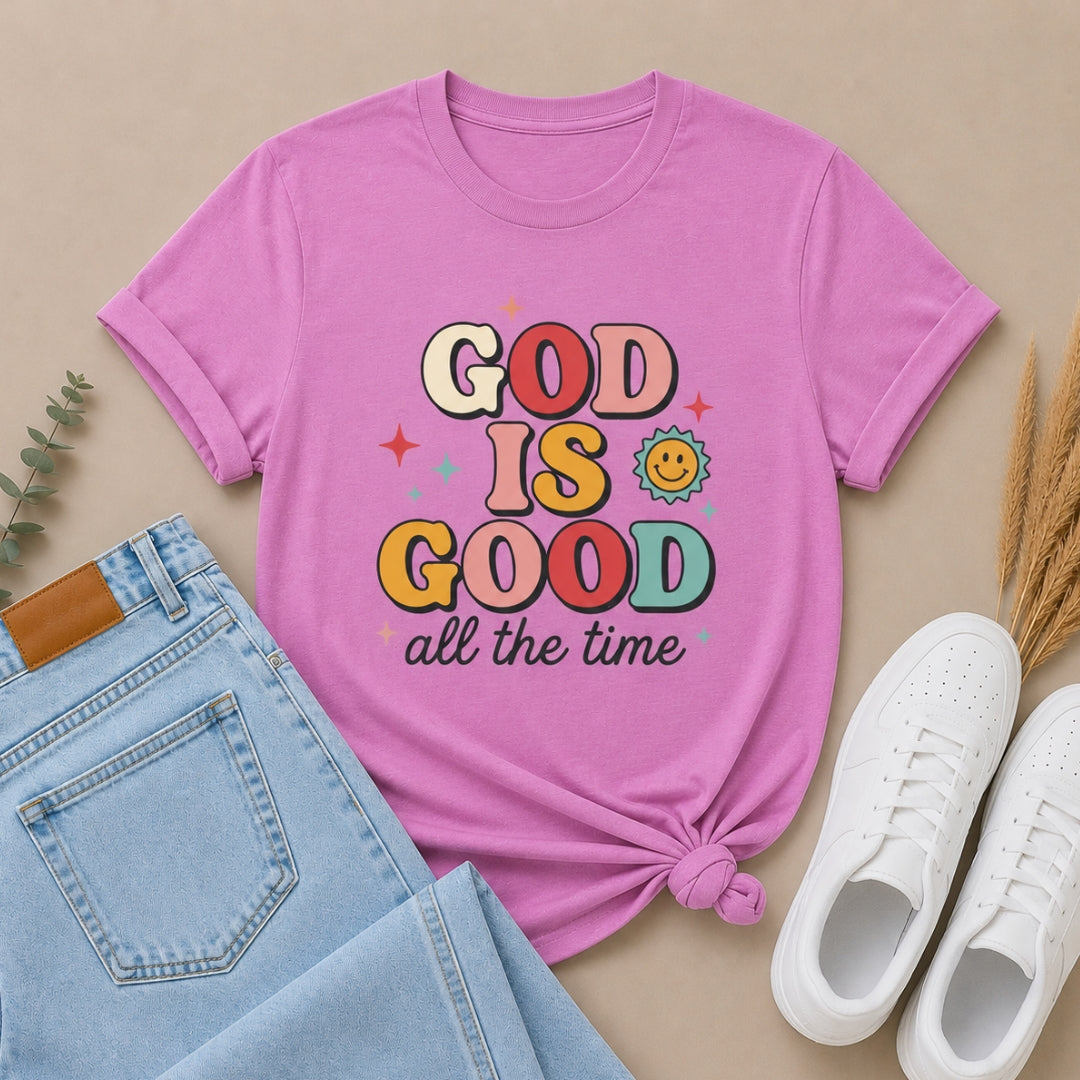 God Is Good T-Shirt — Retro Smile Faith Graphic Tee ("God Is Good All The Time")