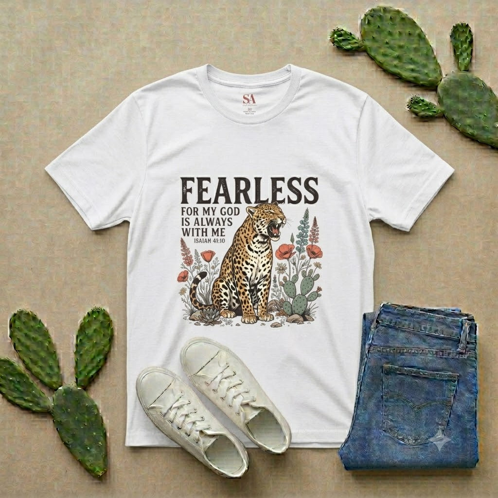 Fearless Leopard Christian T-Shirt — "Fearless for My God is Always With Me" (Isaiah 41:10)