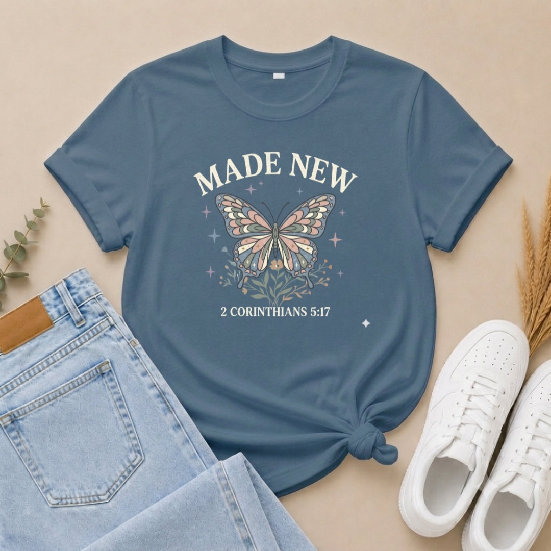 Made New Butterfly T-Shirt — 2 Corinthians 5:17 Christian Faith Tee
