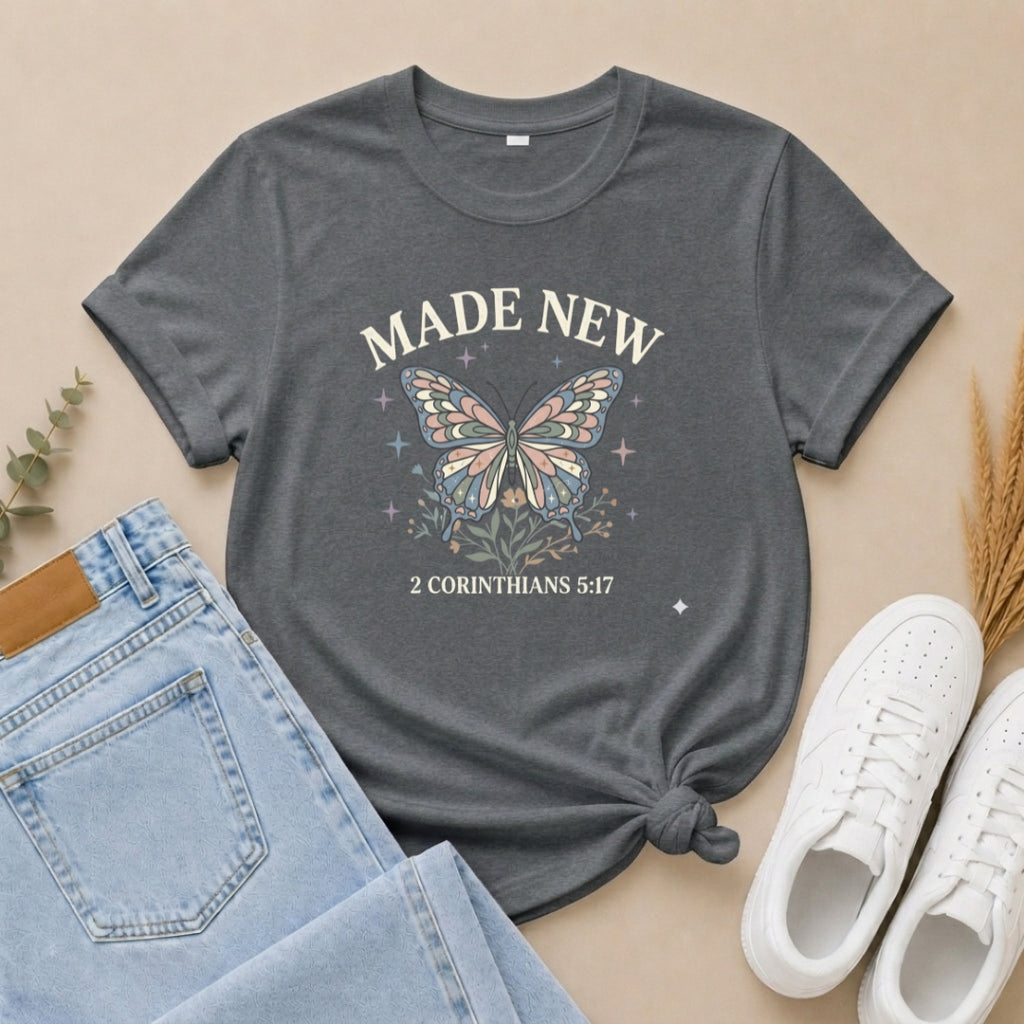 Made New Butterfly T-Shirt — 2 Corinthians 5:17 Christian Faith Tee
