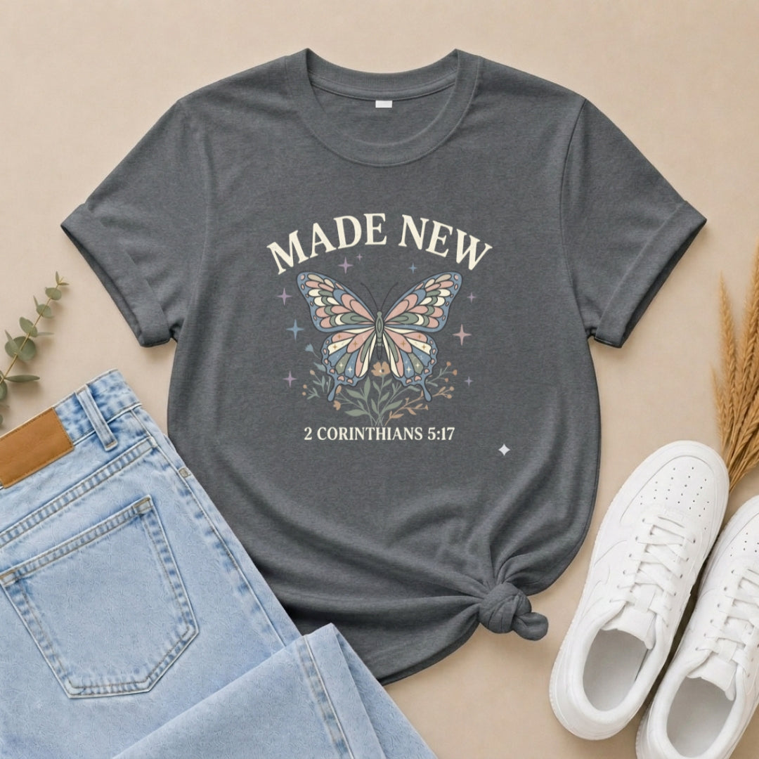 Made New Butterfly T-Shirt — 2 Corinthians 5:17 Christian Faith Tee