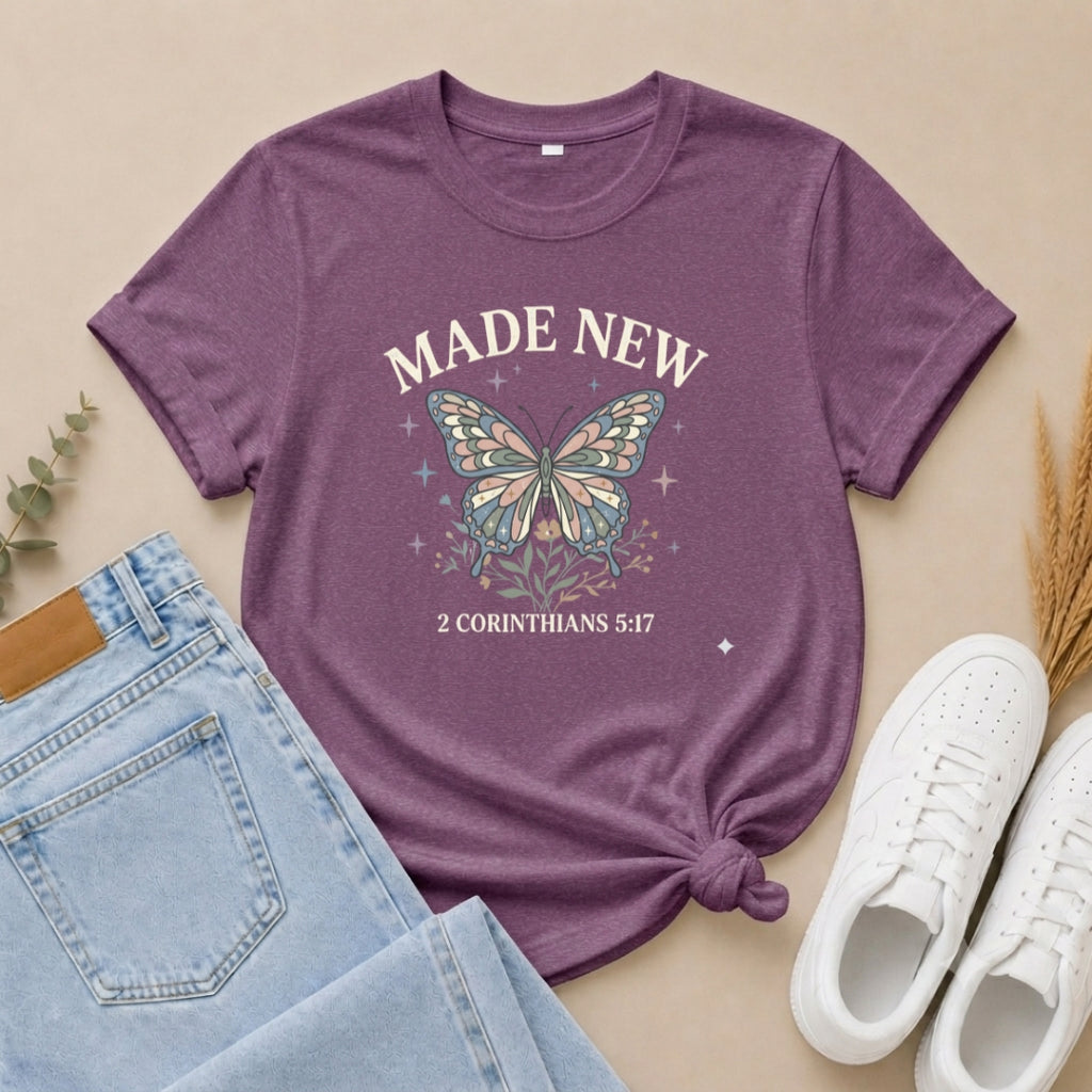 Made New Butterfly T-Shirt — 2 Corinthians 5:17 Christian Faith Tee
