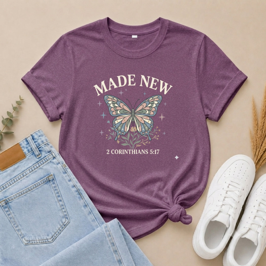 Made New Butterfly T-Shirt — 2 Corinthians 5:17 Christian Faith Tee