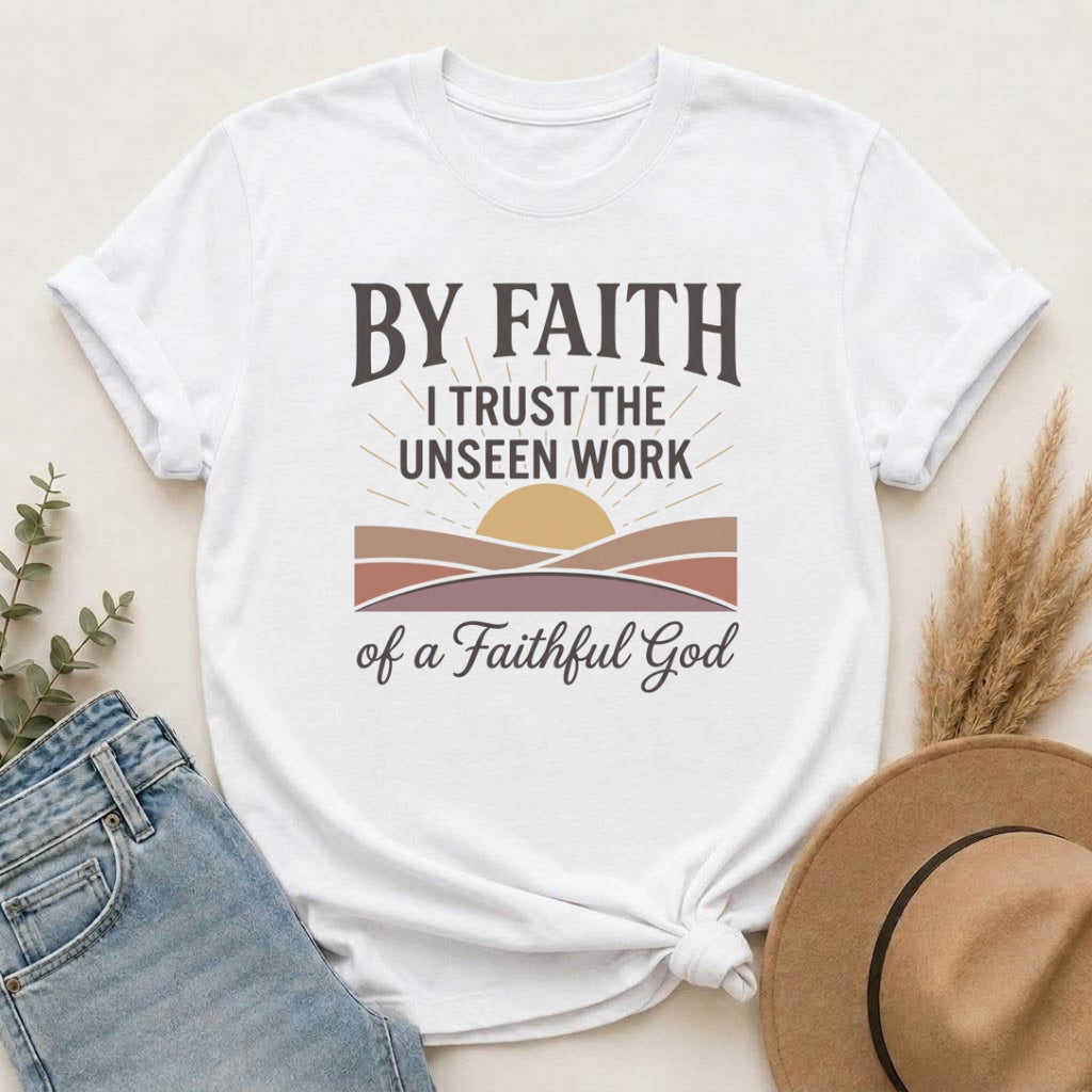 Faith T-Shirt — “By Faith I Trust the Unseen Work of a Faithful God” Christian Tee