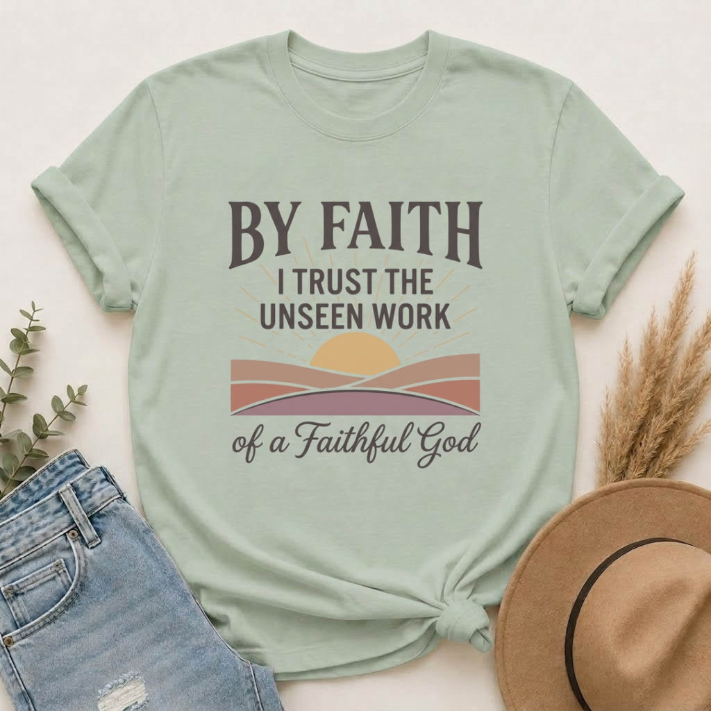 Faith T-Shirt — “By Faith I Trust the Unseen Work of a Faithful God” Christian Tee