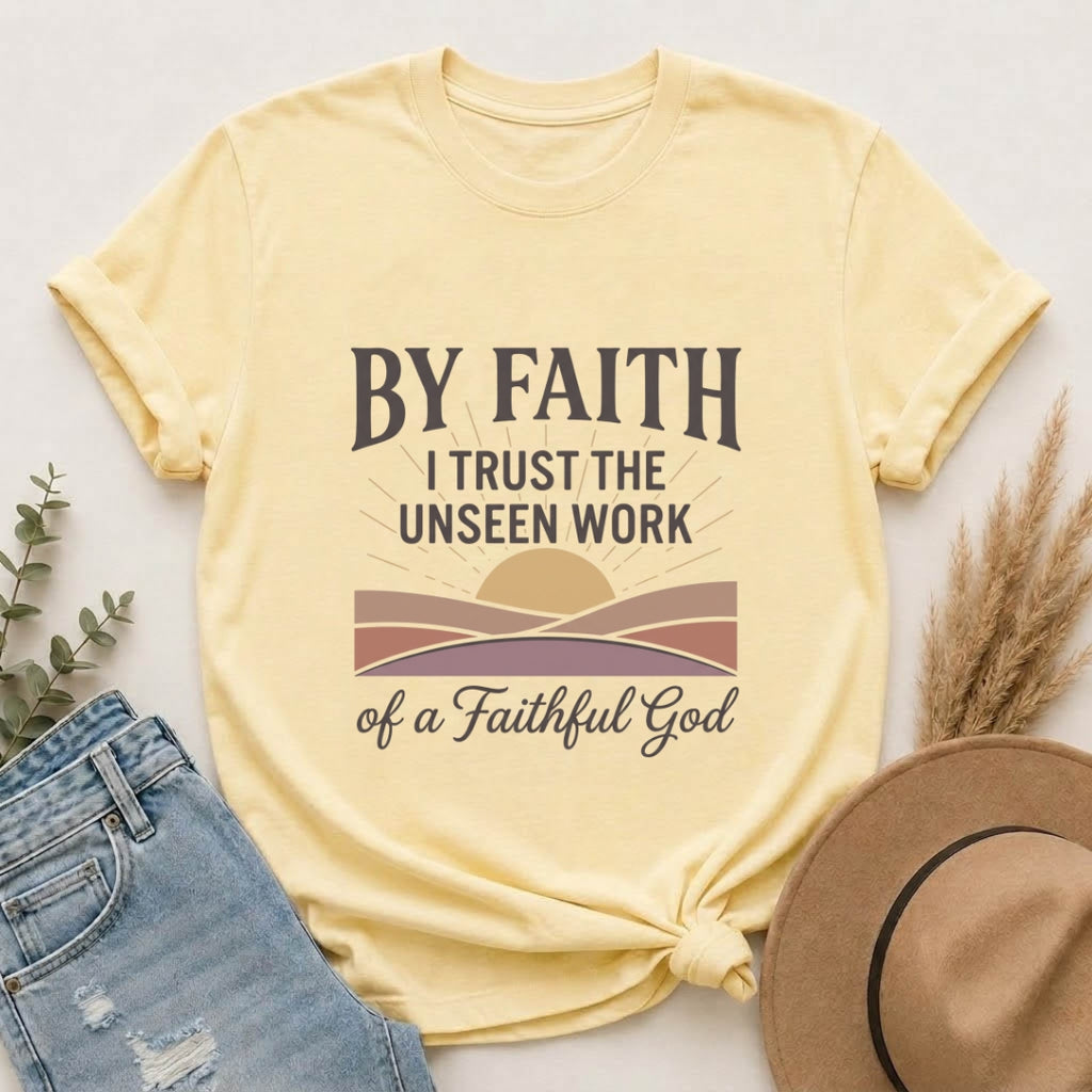 Faith T-Shirt — “By Faith I Trust the Unseen Work of a Faithful God” Christian Tee