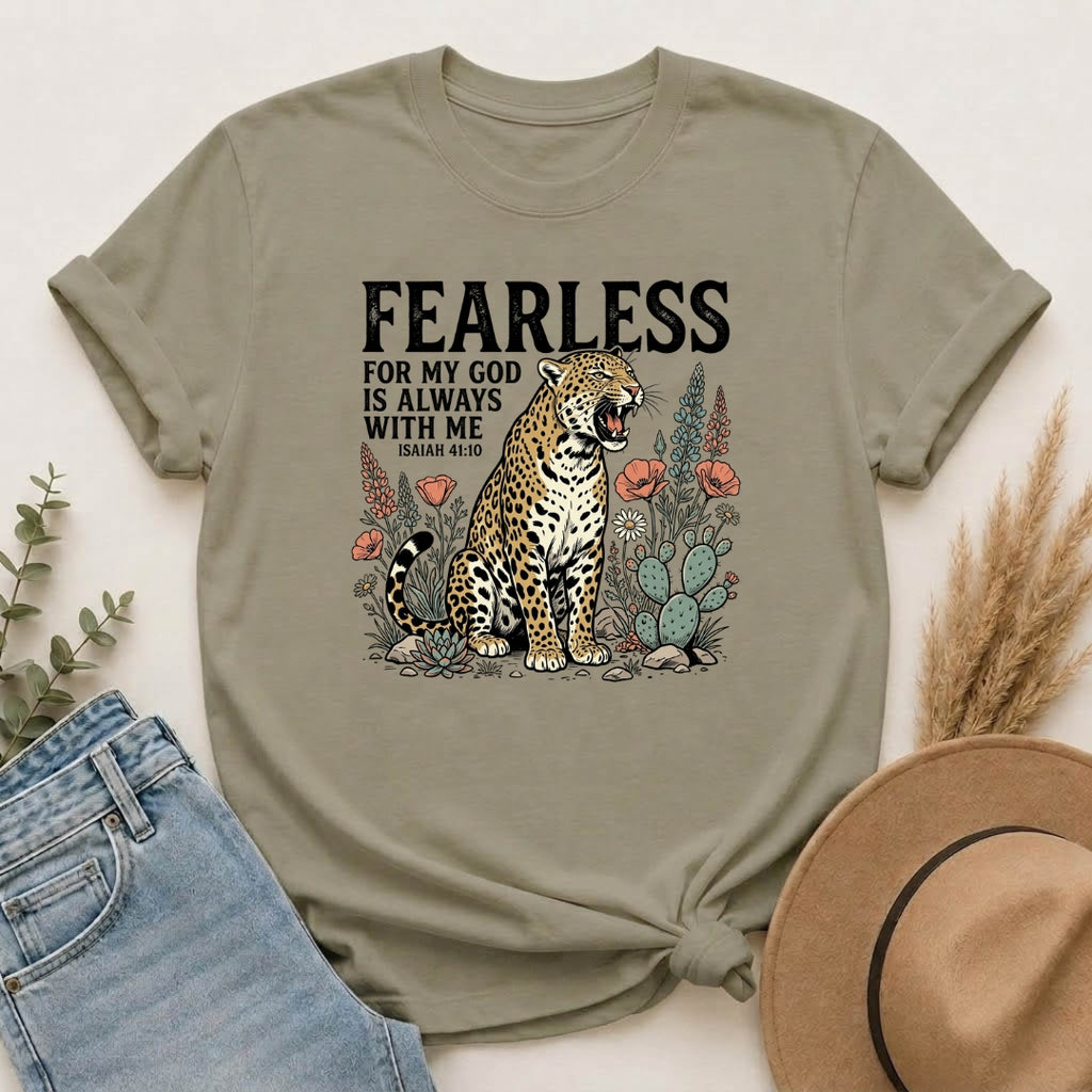 Fearless Leopard Christian T-Shirt — "For My God is Always With Me" Inspirational Tee