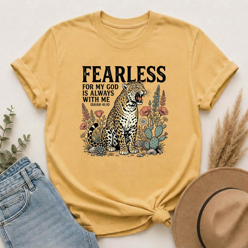 Fearless Leopard Christian T-Shirt — "For My God is Always With Me" Inspirational Tee