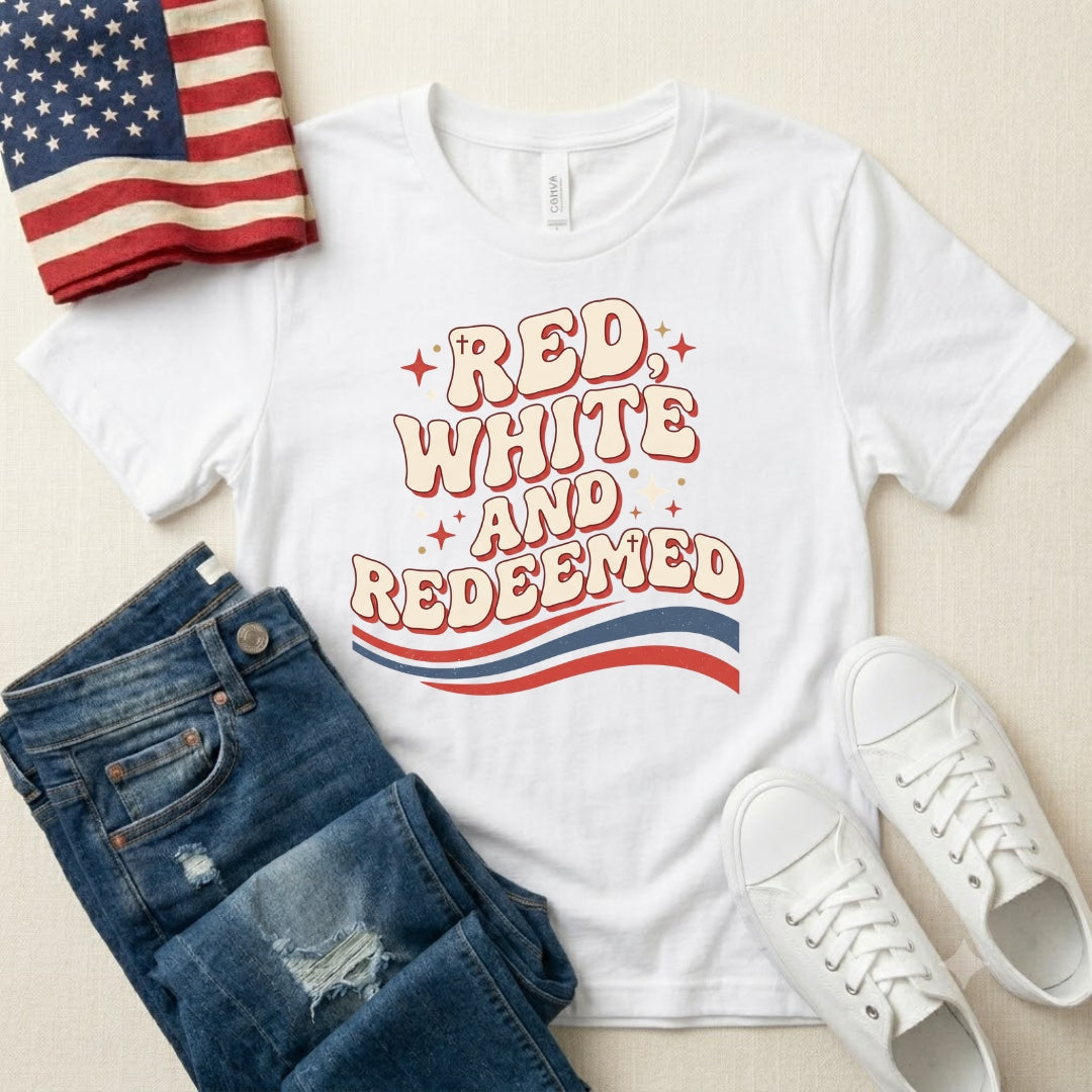 Red, White and Redeemed T-Shirt — Patriotic Christian Graphic Tee
