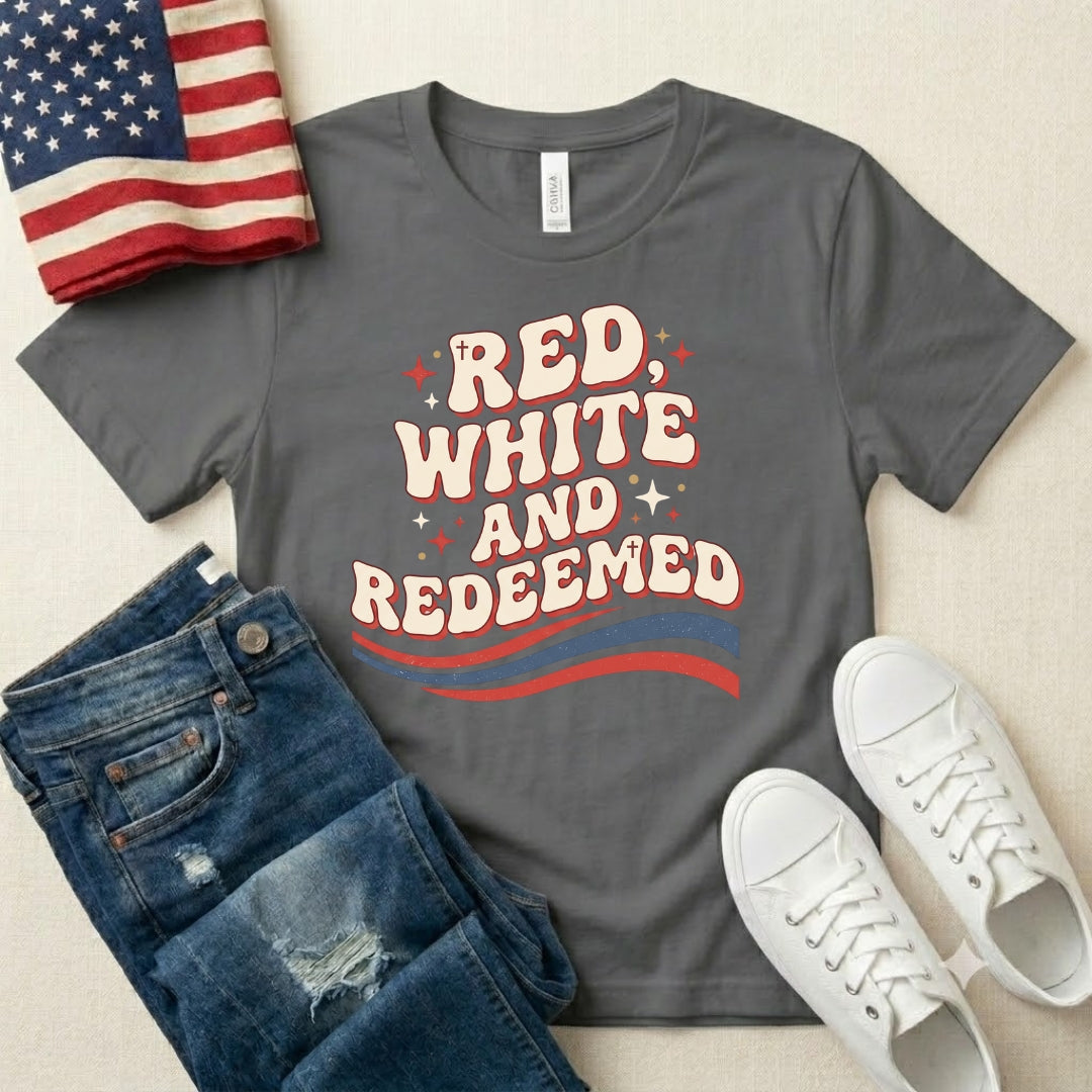 Red, White and Redeemed T-Shirt — Patriotic Christian Graphic Tee