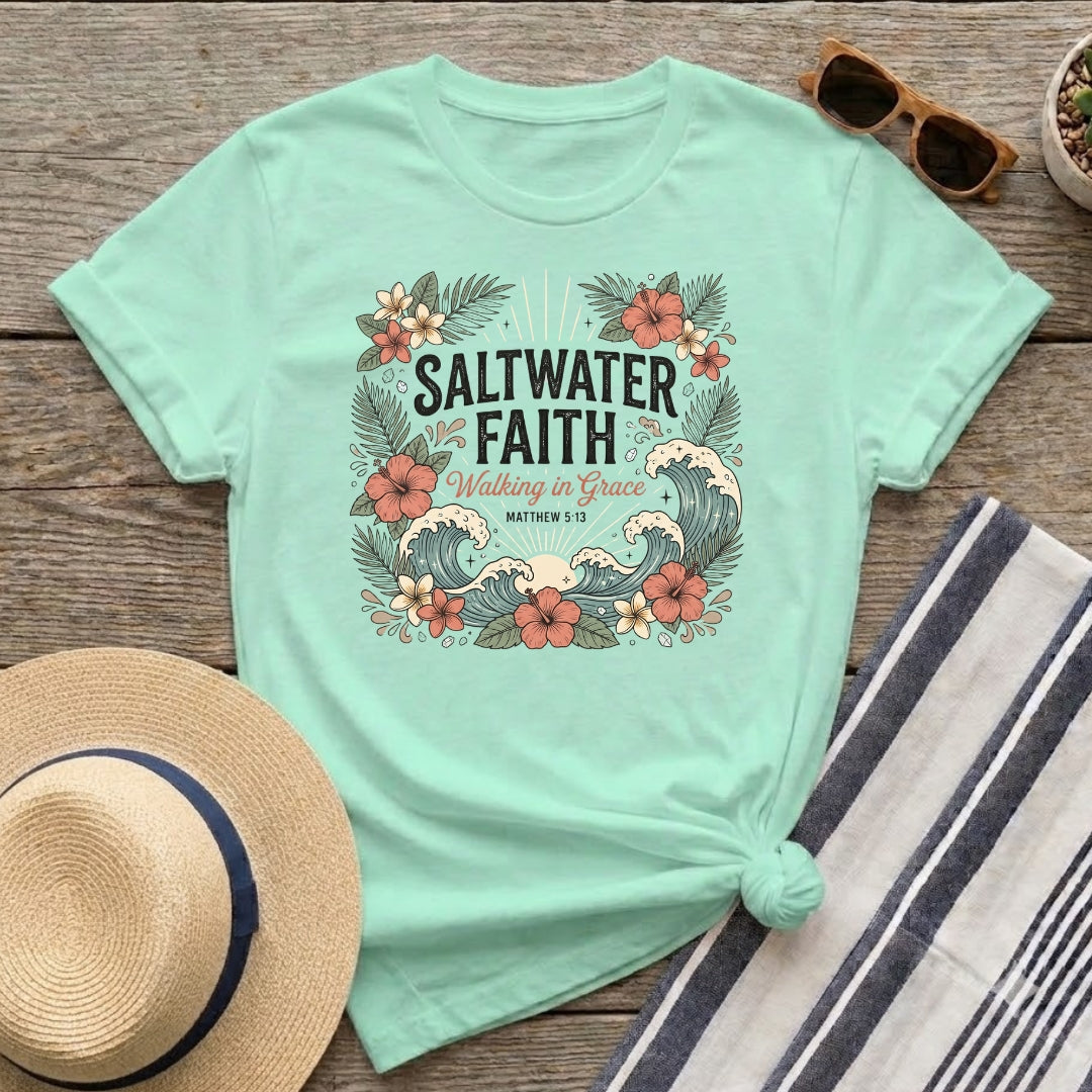 Saltwater Faith T-Shirt — 'Walking in Grace' Floral Surf Christian Tee