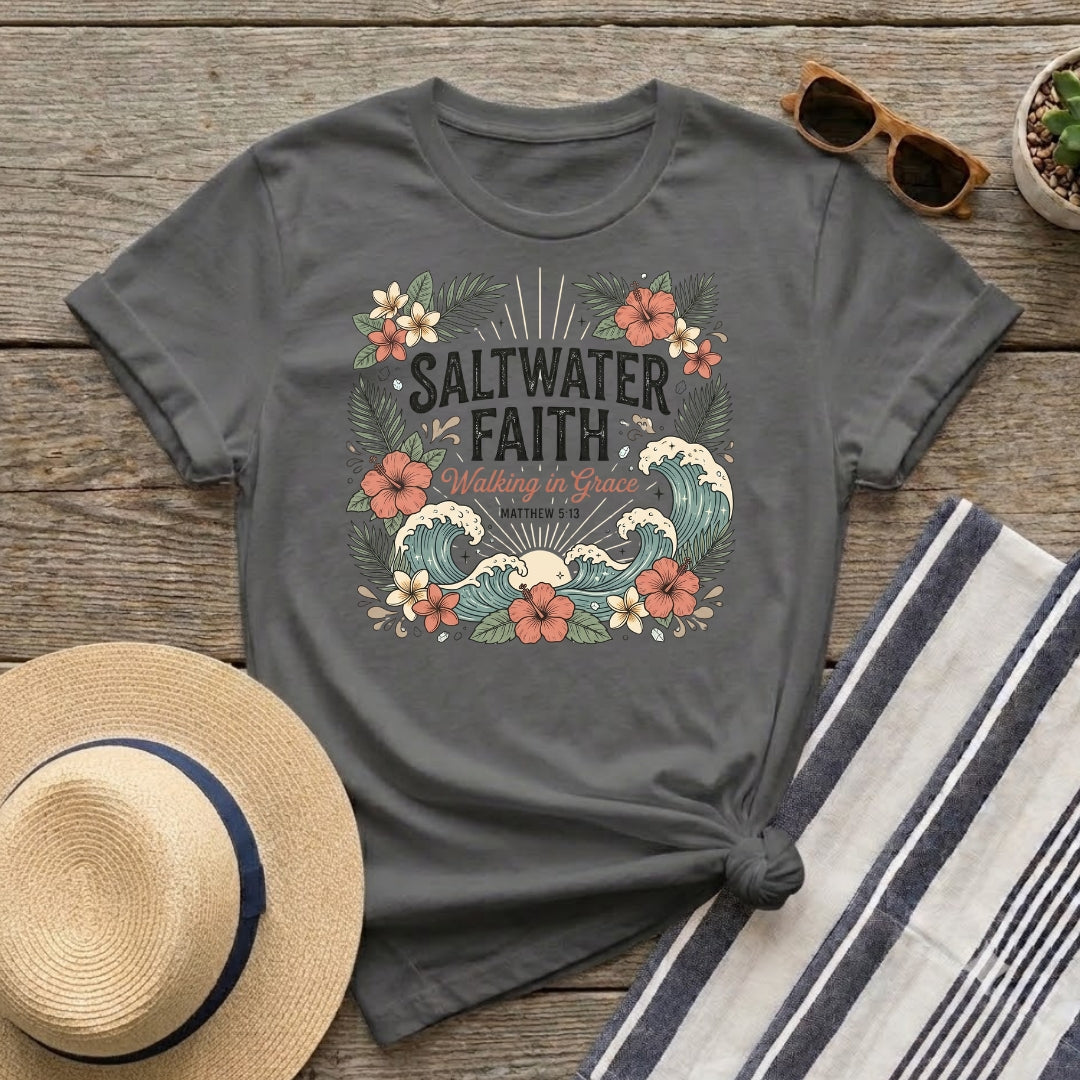 Saltwater Faith T-Shirt — 'Walking in Grace' Floral Surf Christian Tee