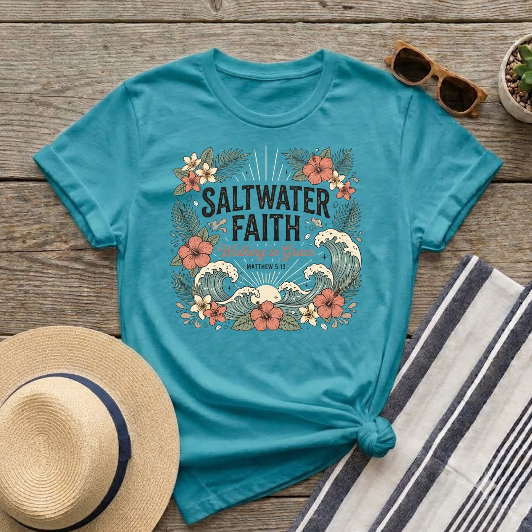 Saltwater Faith T-Shirt — 'Walking in Grace' Floral Surf Christian Tee