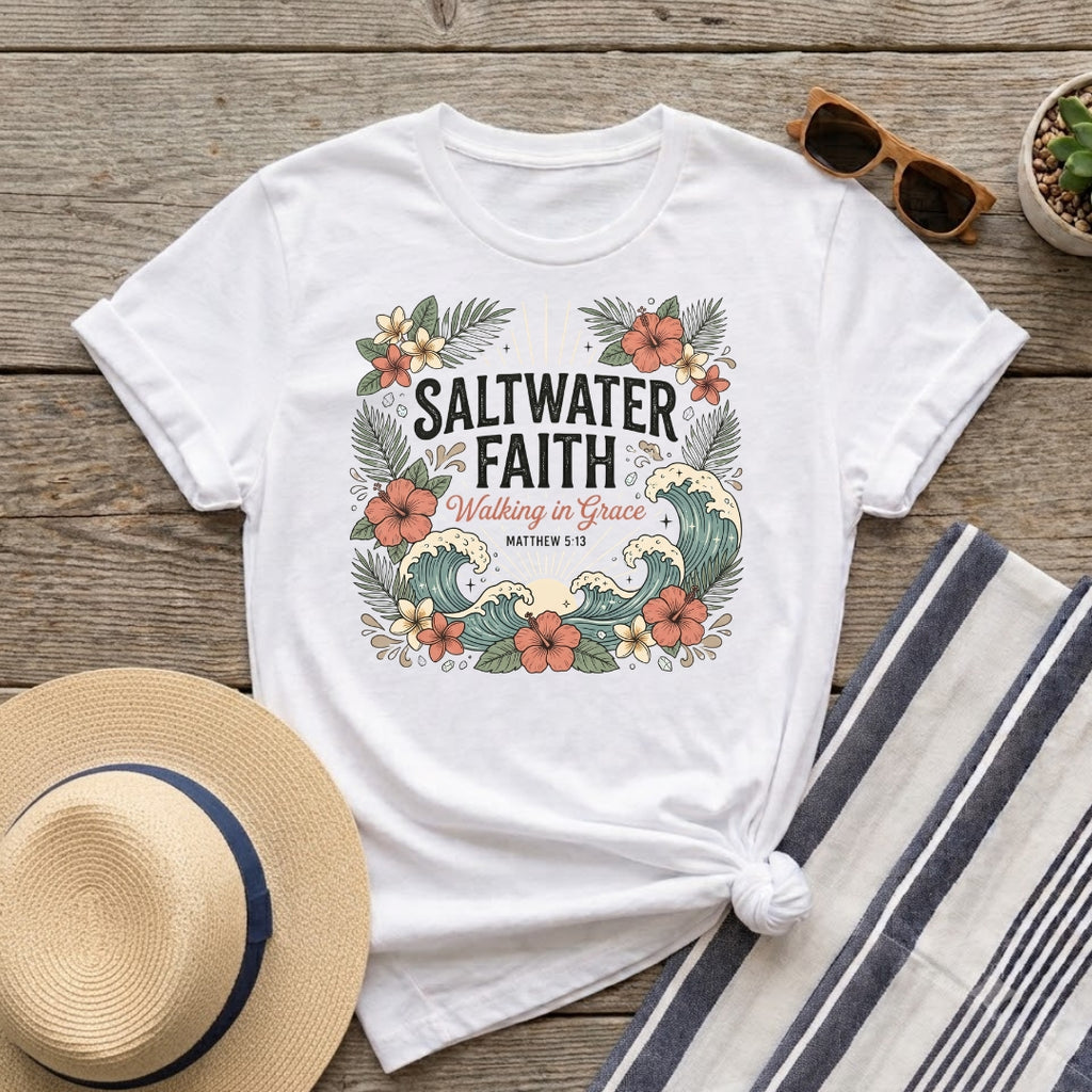Saltwater Faith T-Shirt — 'Walking in Grace' Floral Surf Christian Tee