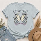 Saved by Grace Butterfly T-Shirt — Christian Faith Floral Tee (Ephesians 2:8 "Not by Works")
