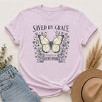 Saved by Grace Butterfly T-Shirt — Christian Faith Floral Tee (Ephesians 2:8 "Not by Works")