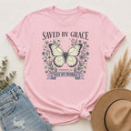 Saved by Grace Butterfly T-Shirt — Christian Faith Floral Tee (Ephesians 2:8 "Not by Works")