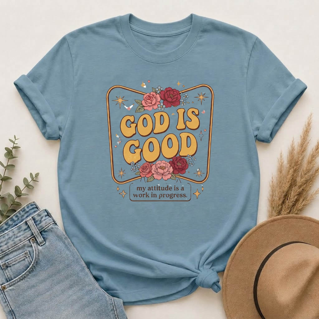 God Is Good T-Shirt — Floral Christian Faith Tee ("my attitude is a work in progress")