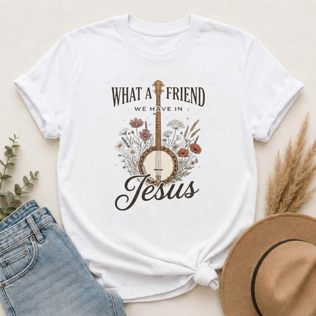 Christian Banjo T-Shirt — “What a Friend We Have in Jesus” Floral Gospel Tee